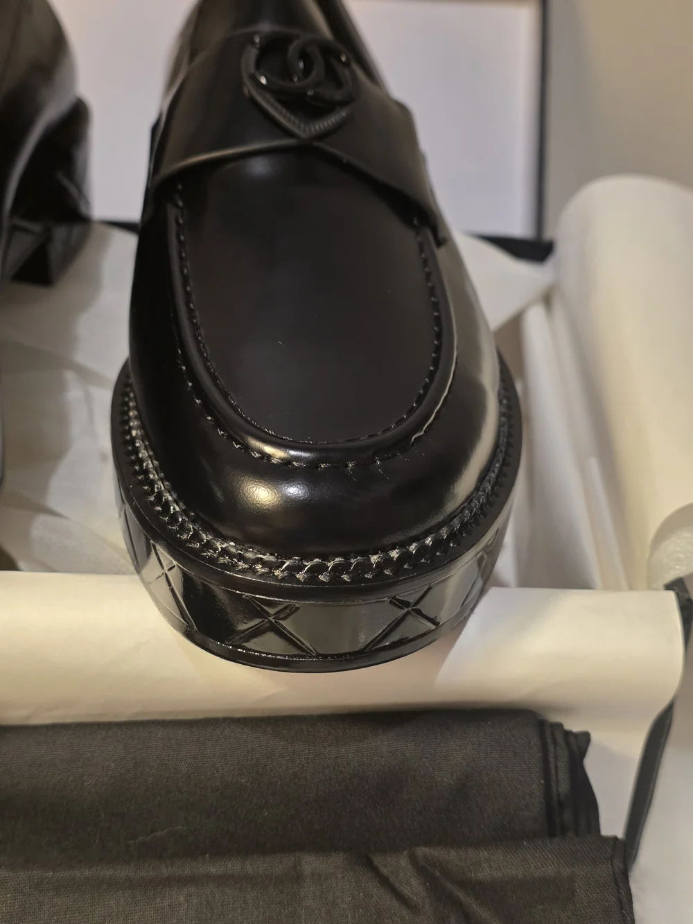 CHANEL Black Quilted-Platform Leather Loafers
